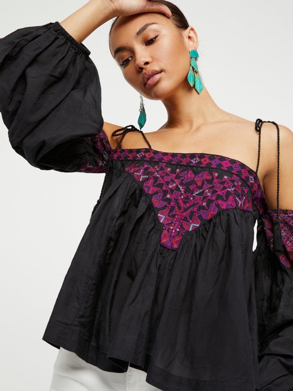 Free People Vacay Vibin Tie Embroidered Off-Shoulder Black Peasant Top NWT